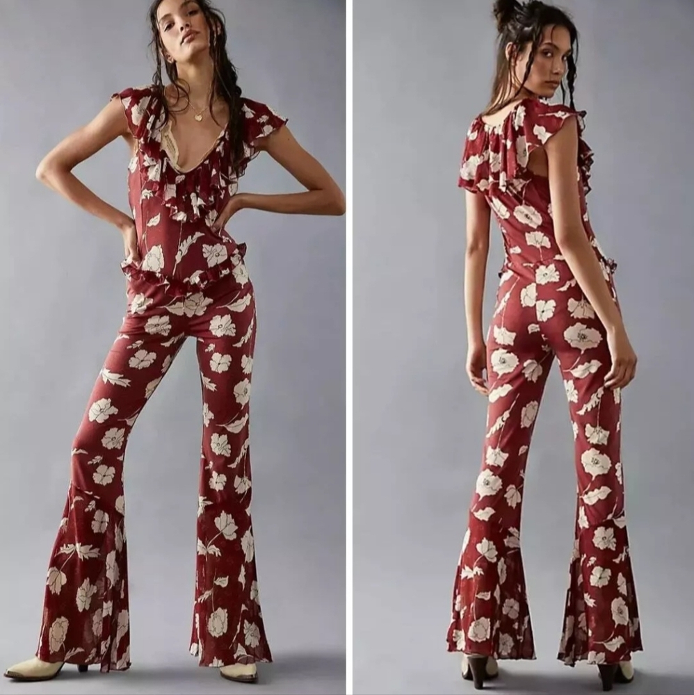 Free People Austyn Femme Jumpsuit Red And White Floral Women's Size XL